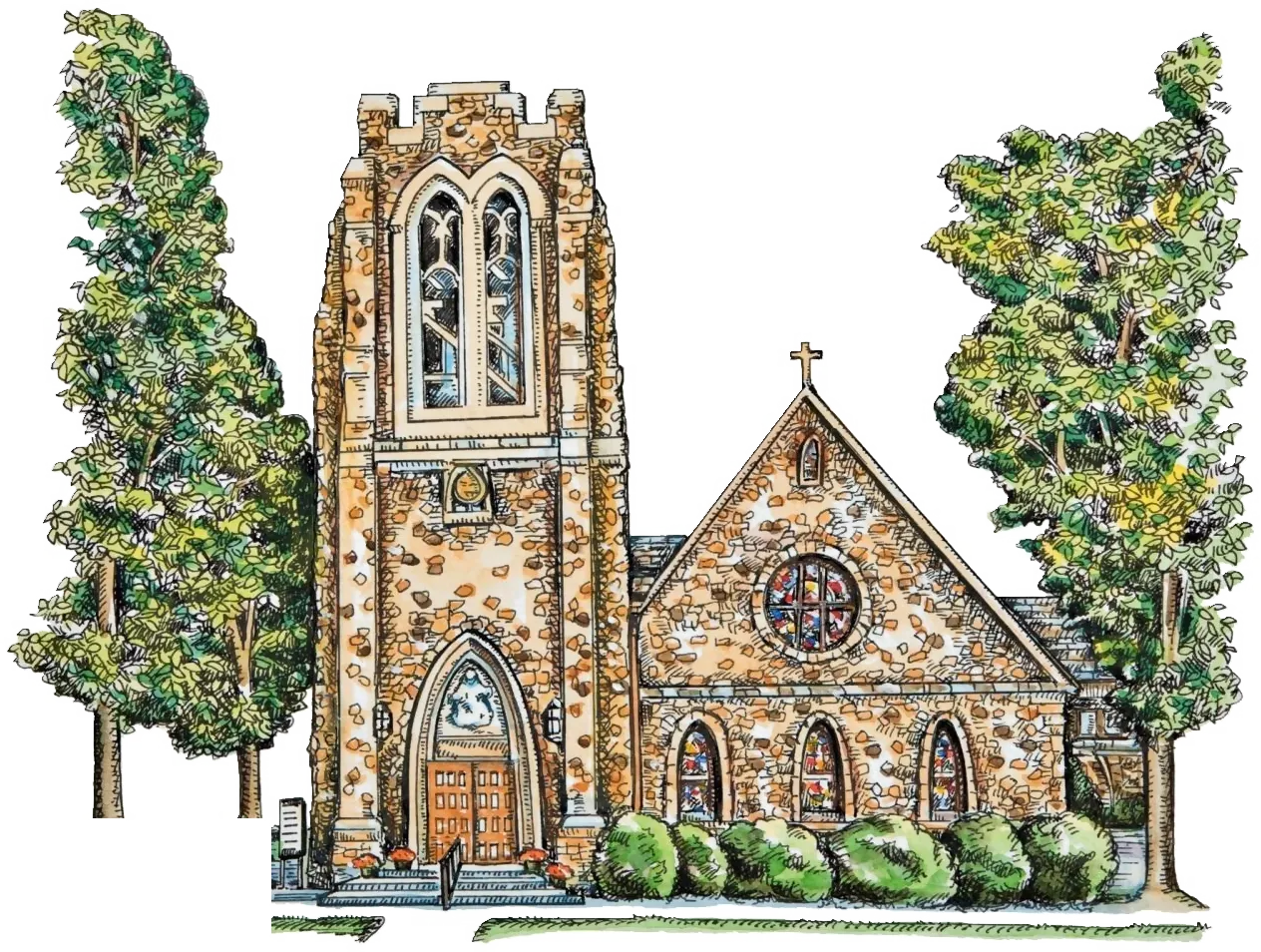Watercolor drawing of St. James Church: the fieldstone bell tower, the rose window and the trees along Valley Road